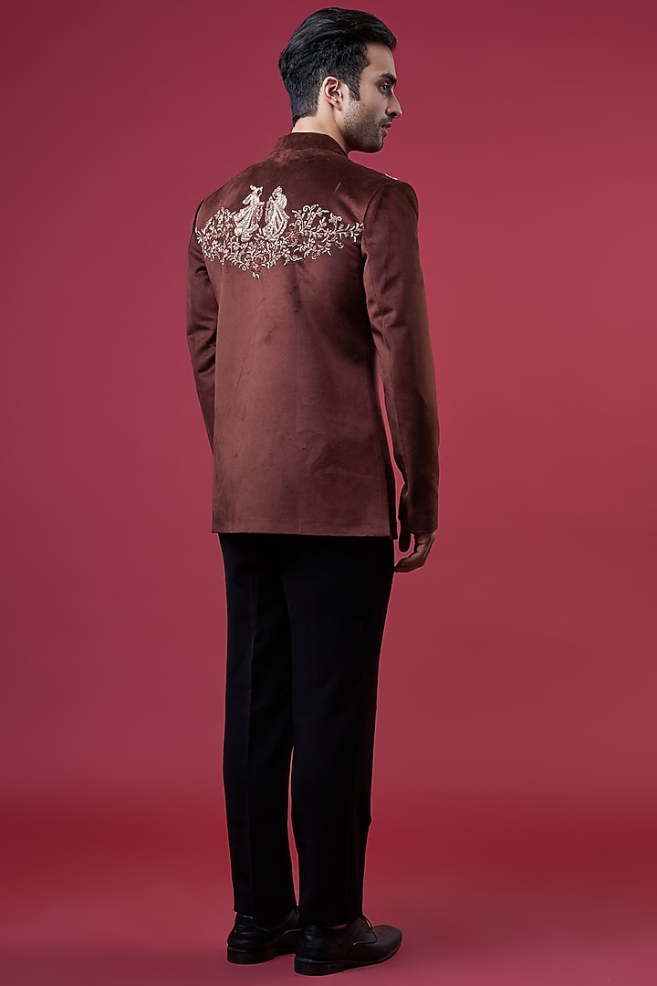 Maroon Suede Embellished Wedding Bandhgala Set by YAJY By Aditya Jain at Pernia's Pop Up Shop