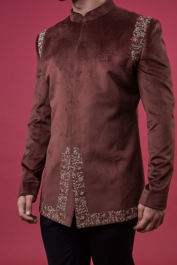 Maroon Suede Embellished Wedding Bandhgala Set by YAJY By Aditya Jain at Pernia's Pop Up Shop