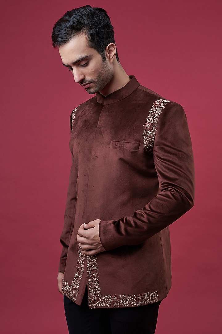 Maroon Suede Embellished Wedding Bandhgala Set by YAJY By Aditya Jain at Pernia's Pop Up Shop