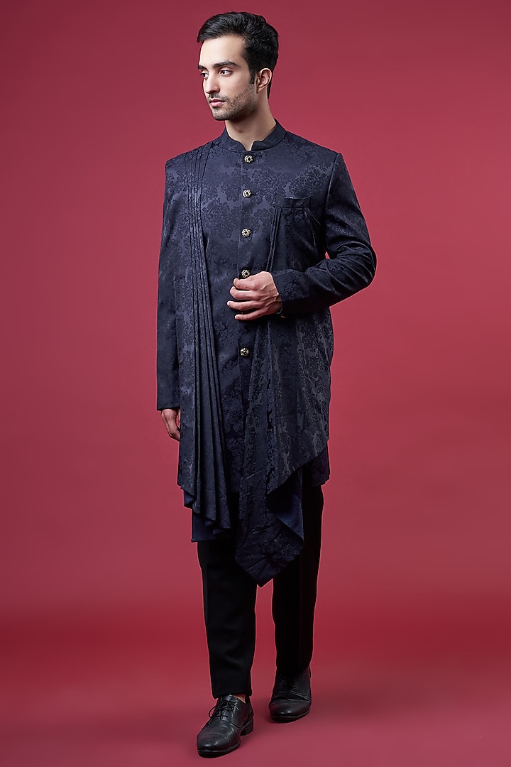 Blue Cotton Silk Embroidered Indowestern Set by YAJY By Aditya Jain at Pernia's Pop Up Shop