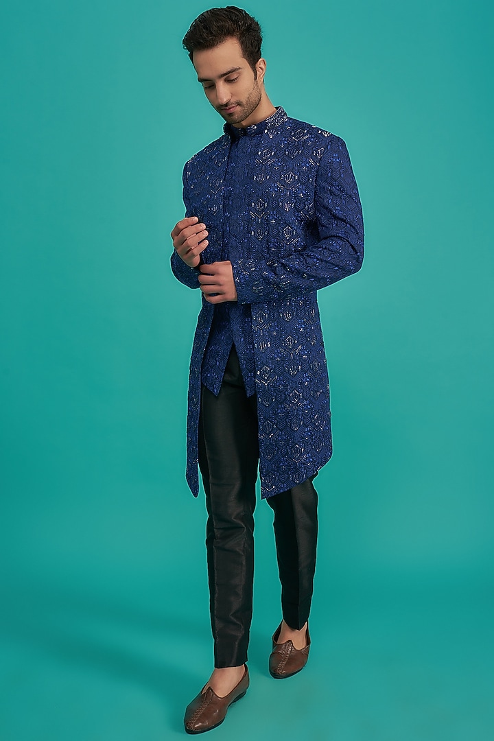 Blue Silk Embroidered Wedding Indowestern Set by YAJY By Aditya Jain at Pernia's Pop Up Shop