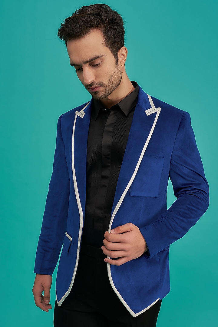 Blue Suede Tuxedo Set by YAJY By Aditya Jain at Pernia's Pop Up Shop