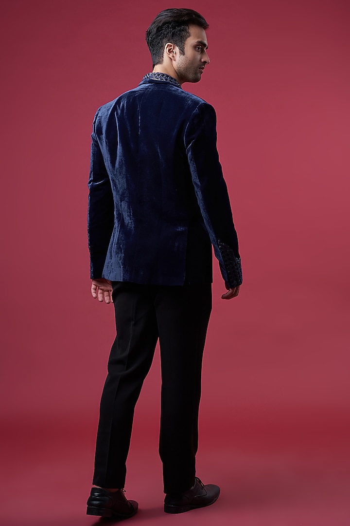 Blue Suede Embellished Tuxedo Set by YAJY By Aditya Jain at Pernia's Pop Up Shop