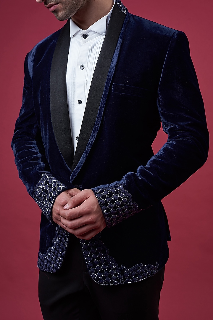 Blue Suede Embellished Tuxedo Set by YAJY By Aditya Jain at Pernia's Pop Up Shop