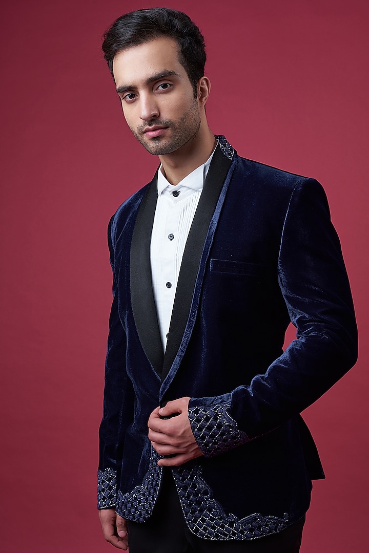 Blue Suede Embellished Tuxedo Set by YAJY By Aditya Jain at Pernia's Pop Up Shop