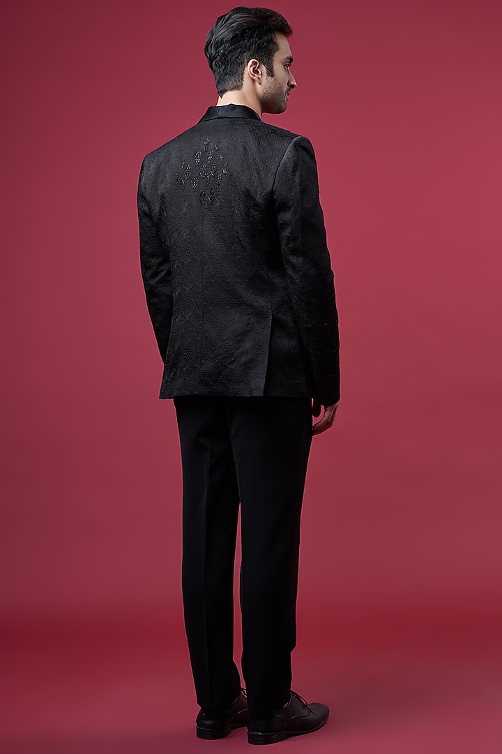 Black Silk Embellished Tuxedo Set by YAJY By Aditya Jain at Pernia's Pop Up Shop