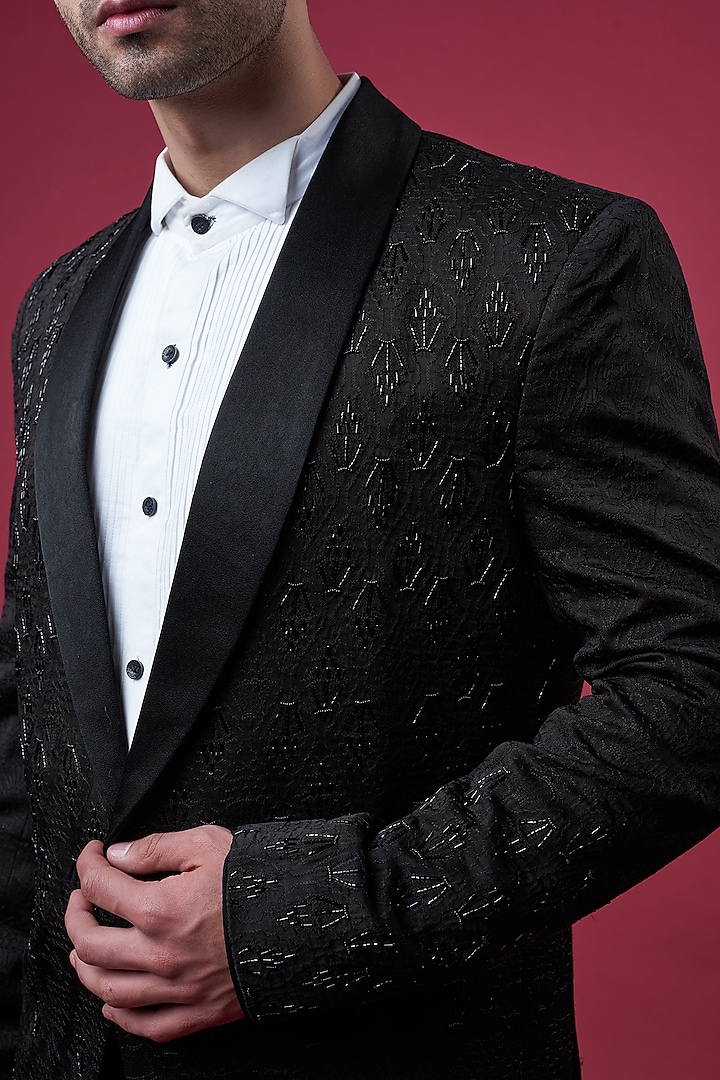 Black Silk Embellished Tuxedo Set by YAJY By Aditya Jain at Pernia's Pop Up Shop