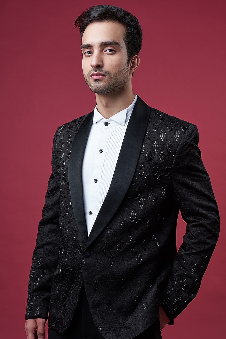Black Silk Embellished Tuxedo Set by YAJY By Aditya Jain at Pernia's Pop Up Shop