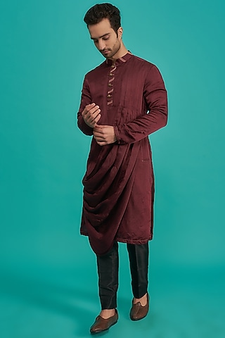 Maroon Cotton Silk Cowl Kurta Set by YAJY By Aditya Jain