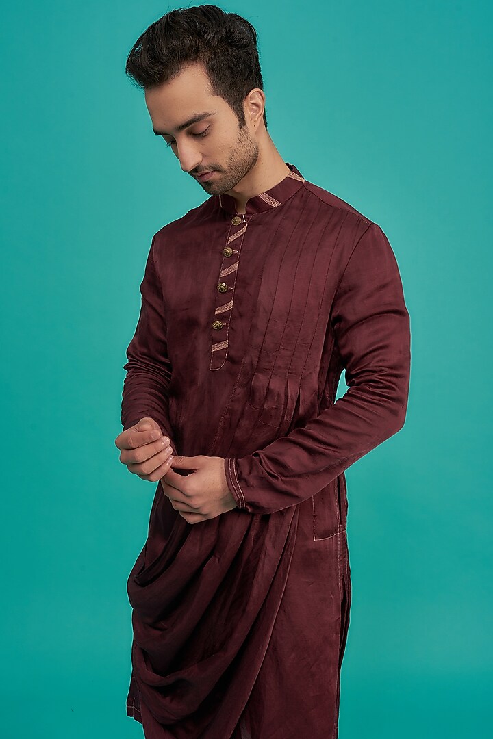 Maroon Cotton Silk Cowl Kurta Set by YAJY By Aditya Jain at Pernia's Pop Up Shop