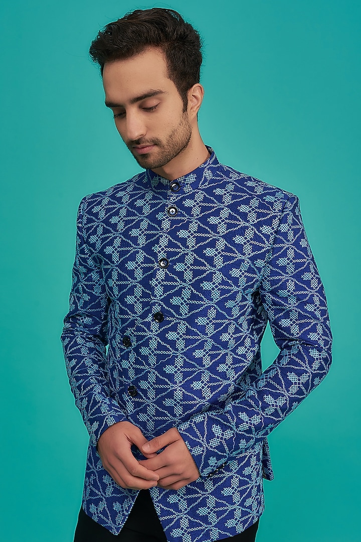 Blue Cotton Silk Embroidered Wedding Bandhgala Set by YAJY By Aditya Jain at Pernia's Pop Up Shop