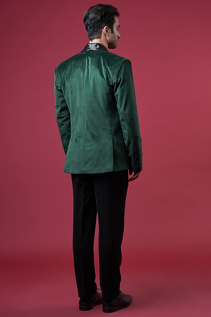 Bottle Green Suede Embellished Tuxedo Set by YAJY By Aditya Jain at Pernia's Pop Up Shop