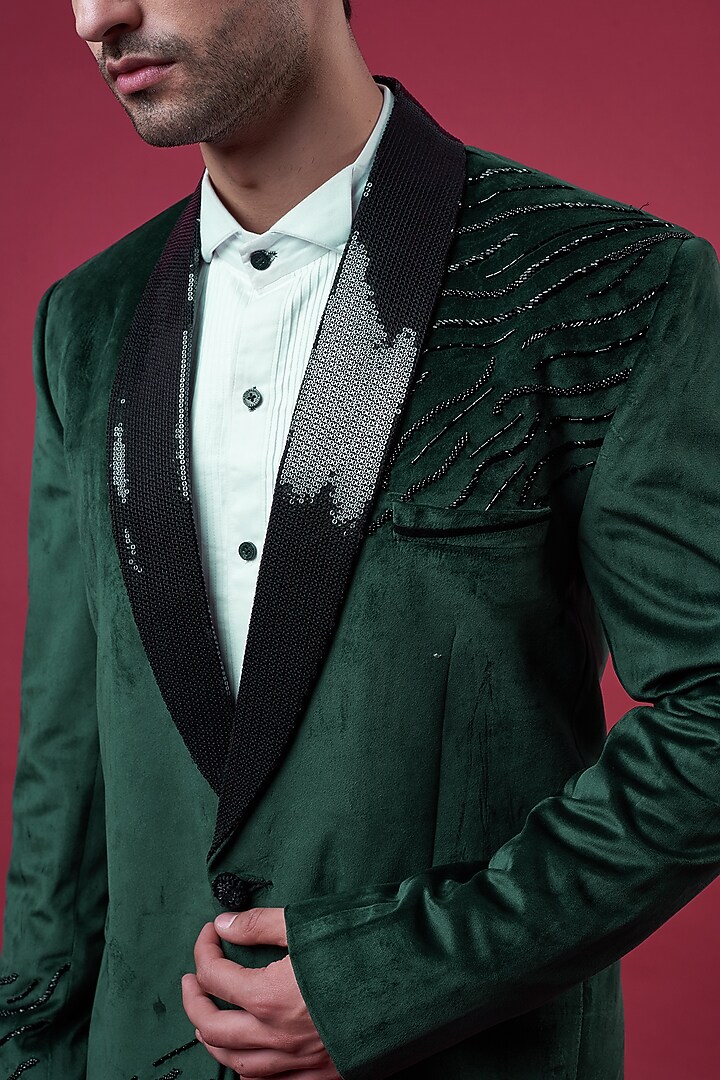 Bottle Green Suede Embellished Tuxedo Set by YAJY By Aditya Jain at Pernia's Pop Up Shop