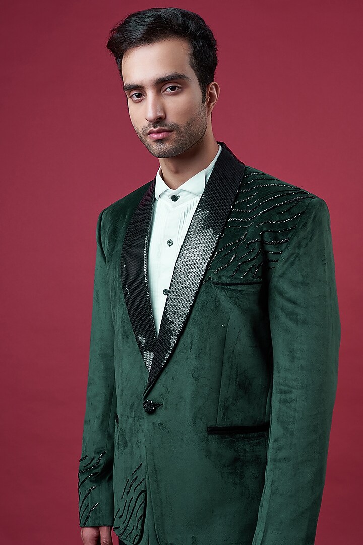 Bottle Green Suede Embellished Tuxedo Set by YAJY By Aditya Jain at Pernia's Pop Up Shop