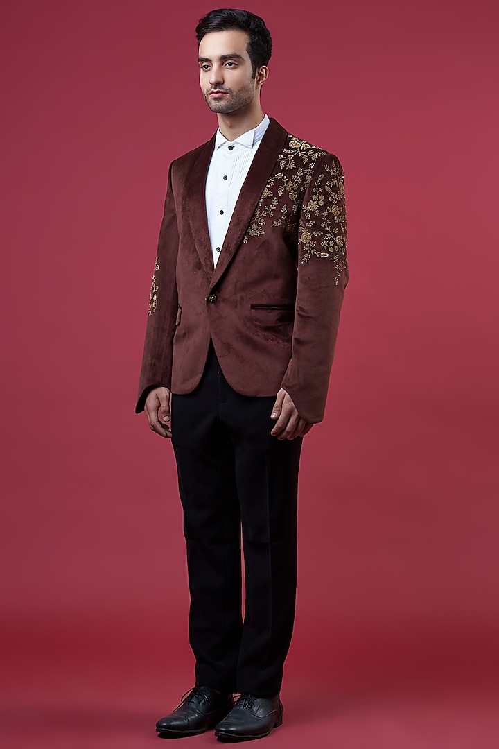 Maroon Suede Embellished Tuxedo Set by YAJY By Aditya Jain at Pernia's Pop Up Shop