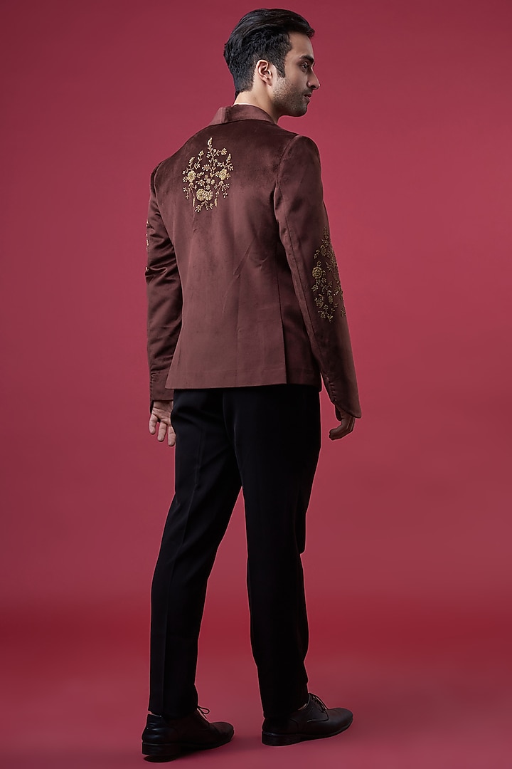 Maroon Suede Embellished Tuxedo Set by YAJY By Aditya Jain at Pernia's Pop Up Shop