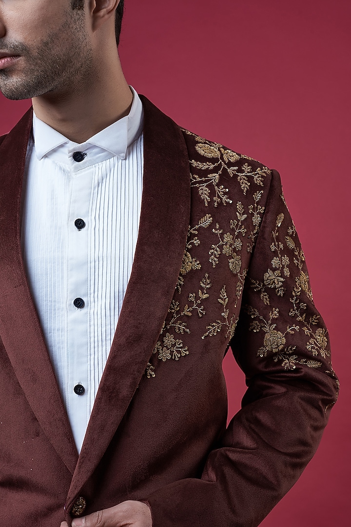 Maroon Suede Embellished Tuxedo Set by YAJY By Aditya Jain at Pernia's Pop Up Shop