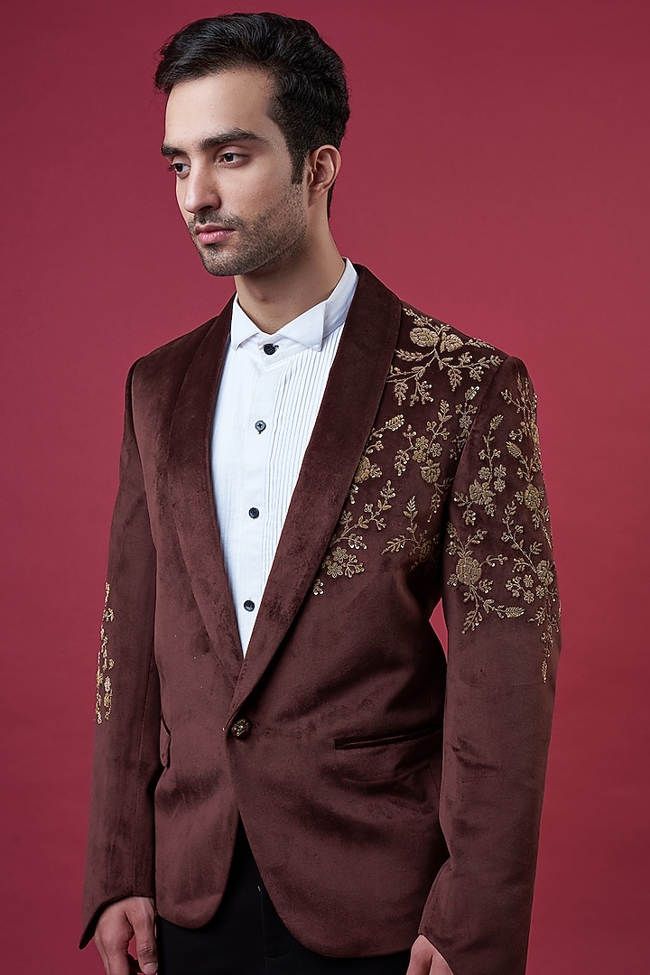 Maroon Suede Embellished Tuxedo Set by YAJY By Aditya Jain at Pernia's Pop Up Shop