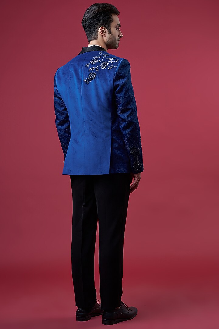 Blue Suede Embellished Tuxedo Set by YAJY By Aditya Jain at Pernia's Pop Up Shop