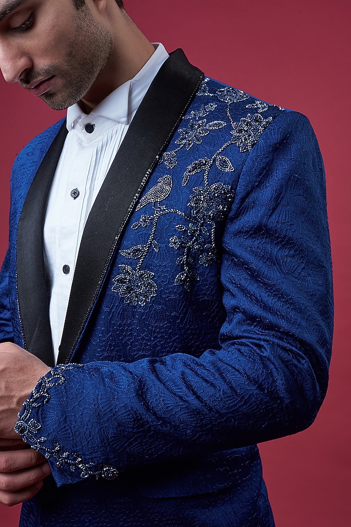 Blue Suede Embellished Tuxedo Set by YAJY By Aditya Jain at Pernia's Pop Up Shop