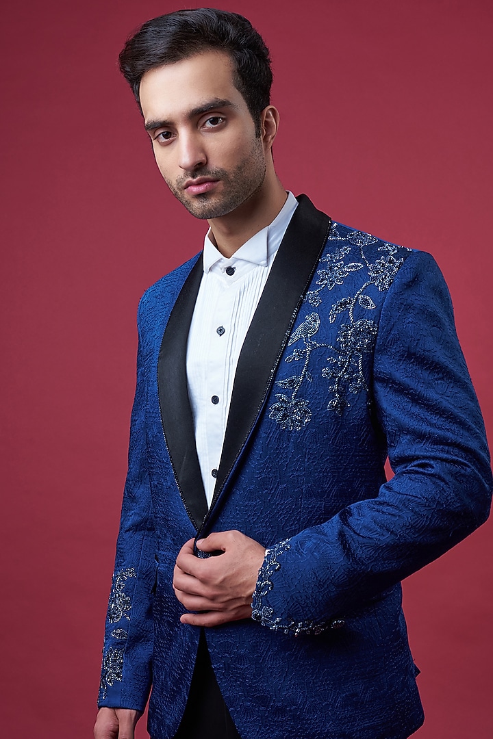 Blue Suede Embellished Tuxedo Set by YAJY By Aditya Jain at Pernia's Pop Up Shop