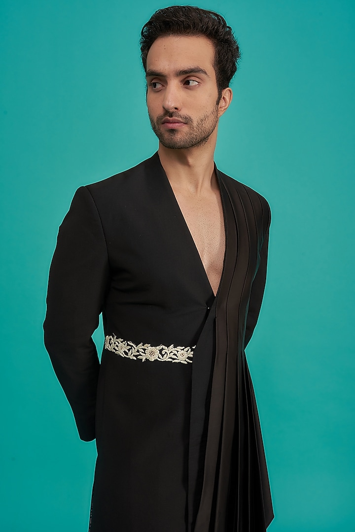 Black Cotton Silk Wedding Indowestern Set by YAJY By Aditya Jain at Pernia's Pop Up Shop