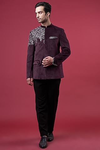 Jamuni Suede Embellished Bandhgala Set by YAJY By Aditya Jain