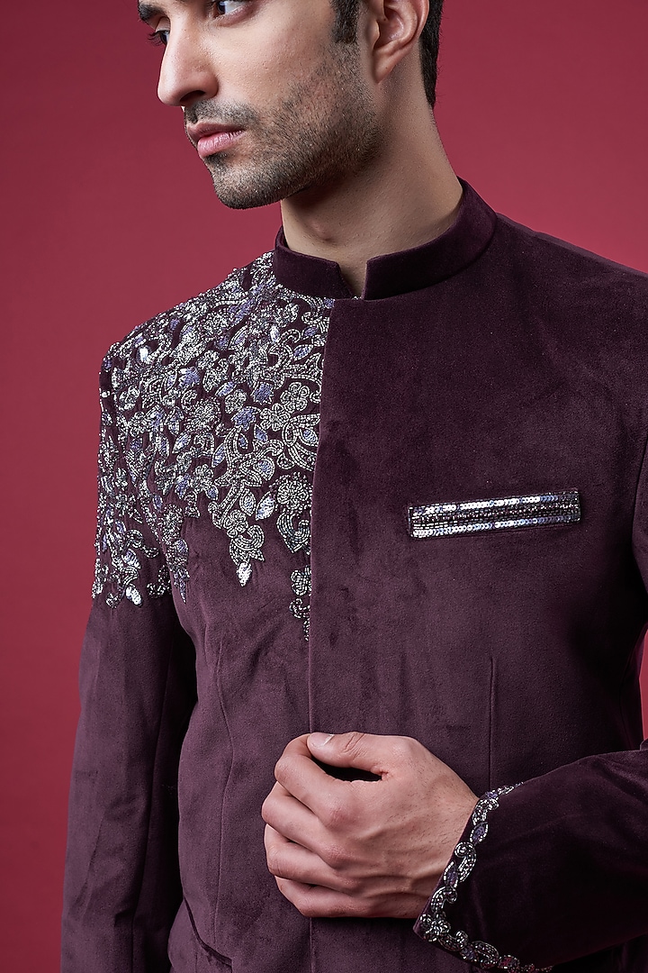 Jamuni Suede Embellished Wedding Bandhgala Set by YAJY By Aditya Jain at Pernia's Pop Up Shop