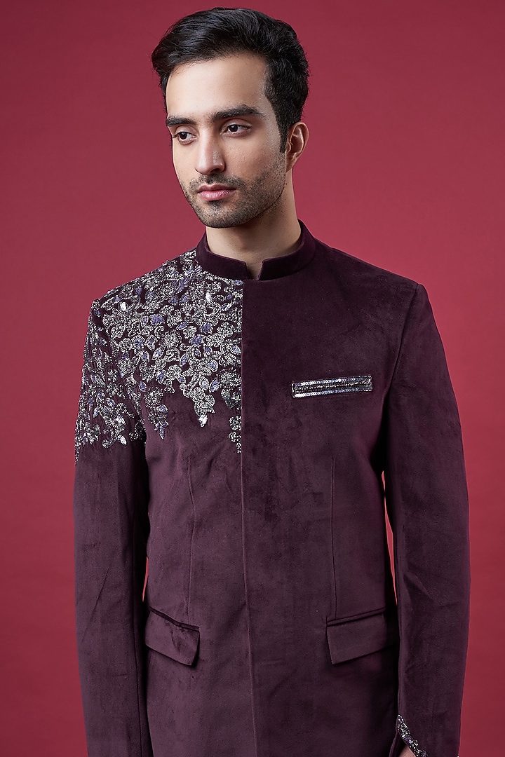 Jamuni Suede Embellished Wedding Bandhgala Set by YAJY By Aditya Jain at Pernia's Pop Up Shop