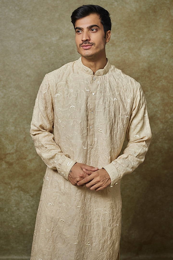Beige Floral Embroidered Silk Kurta Set by YAJY By Aditya Jain at Pernia's Pop Up Shop