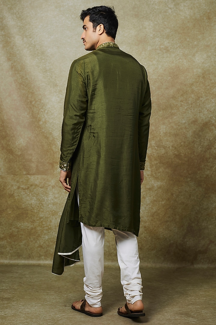 Bottle Green Silk Resham Embroidered Draped Kurta Set by YAJY By Aditya Jain at Pernia's Pop Up Shop