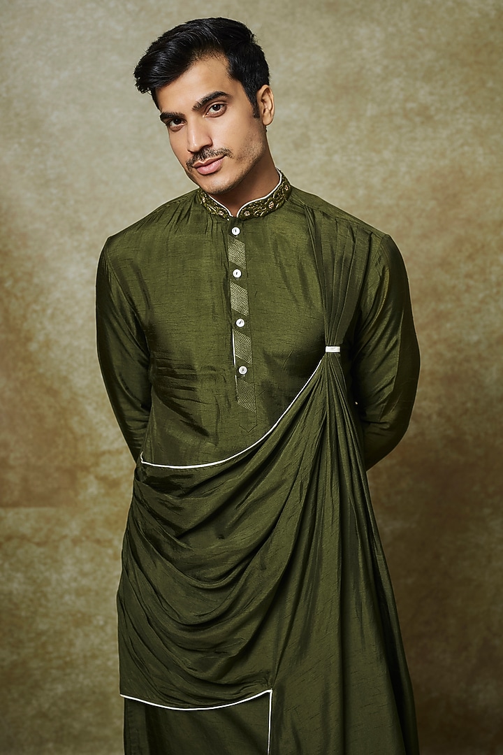 Bottle Green Silk Resham Embroidered Draped Kurta Set by YAJY By Aditya Jain at Pernia's Pop Up Shop