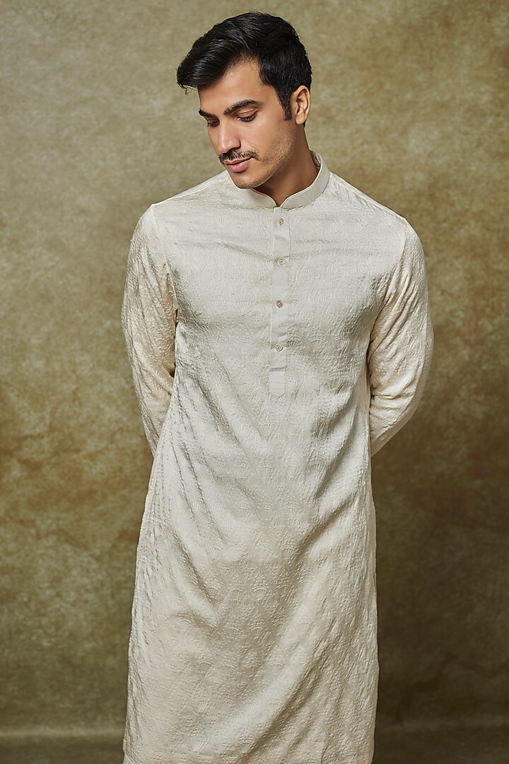 Ivory Silk Resham Embroidered Kurta Set by YAJY By Aditya Jain at Pernia's Pop Up Shop