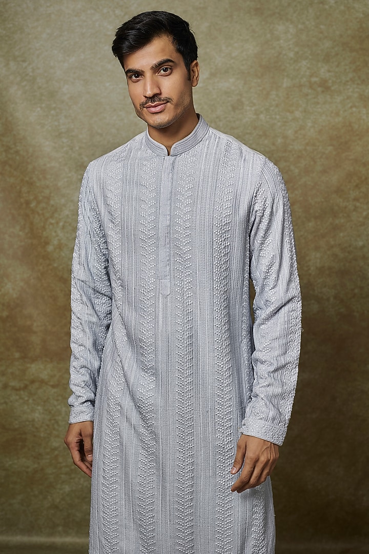 Ice Blue Silk Thread Embroidered Kurta Set by YAJY By Aditya Jain at Pernia's Pop Up Shop