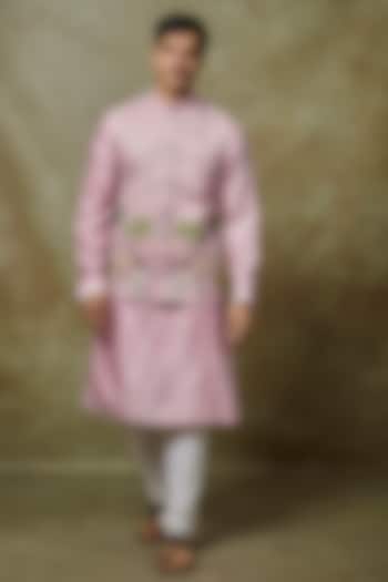 Lilac Linen Satin Resham Embellished Nehru Jacket Set by YAJY By Aditya Jain