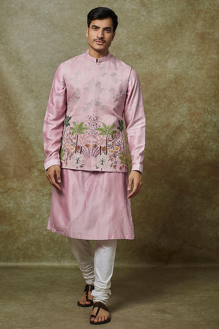 Lilac Linen Satin Resham Embellished Nehru Jacket Set by YAJY By Aditya Jain