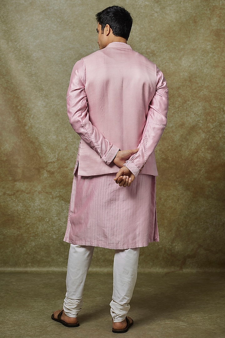 Lilac Linen Satin Resham Embellished Nehru Jacket Set by YAJY By Aditya Jain at Pernia's Pop Up Shop
