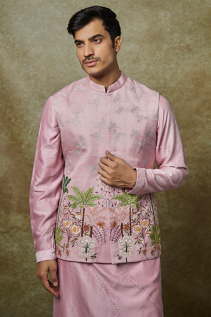 Lilac Linen Satin Resham Embellished Nehru Jacket Set by YAJY By Aditya Jain at Pernia's Pop Up Shop