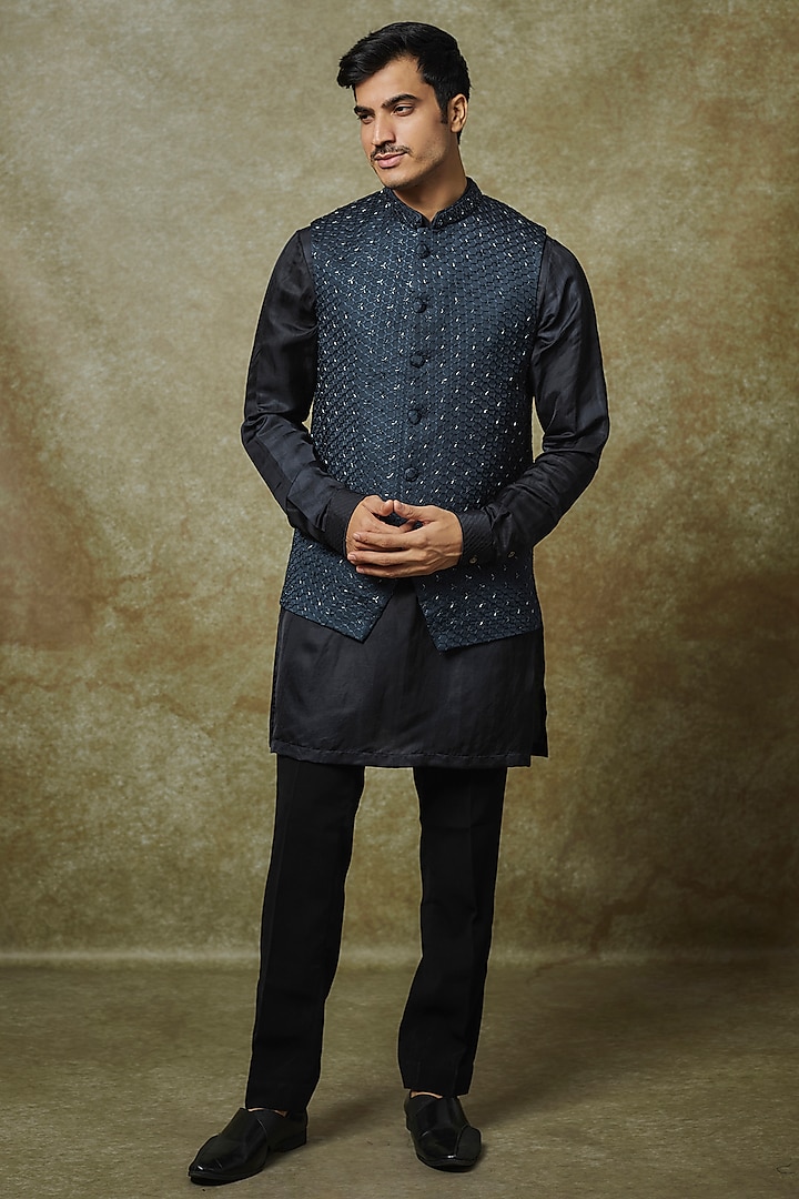 Midnight Blue Linen Satin Cutdana Work Nehru Jacket Set by YAJY By Aditya Jain