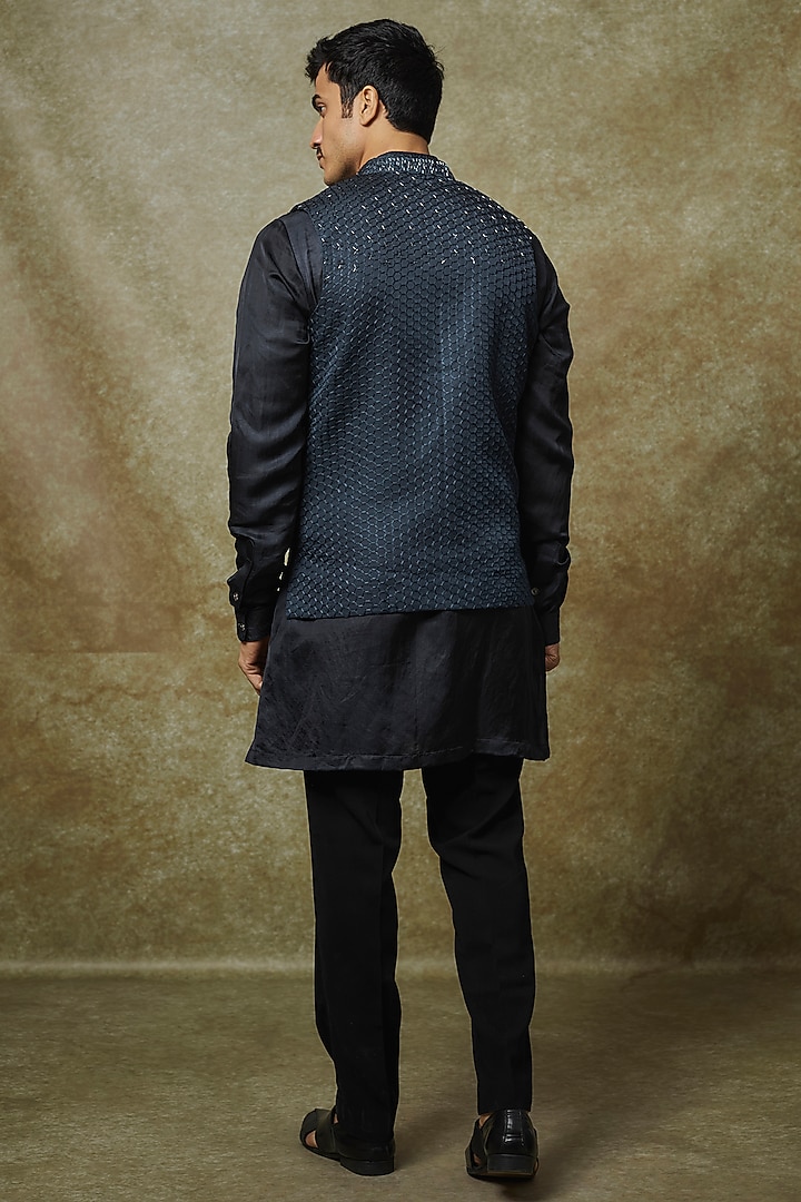 Midnight Blue Linen Satin Cutdana Work Nehru Jacket Set by YAJY By Aditya Jain at Pernia's Pop Up Shop