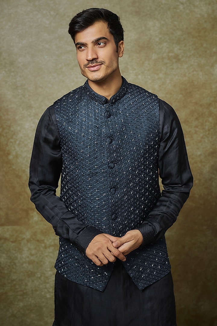 Midnight Blue Linen Satin Cutdana Work Nehru Jacket Set by YAJY By Aditya Jain at Pernia's Pop Up Shop