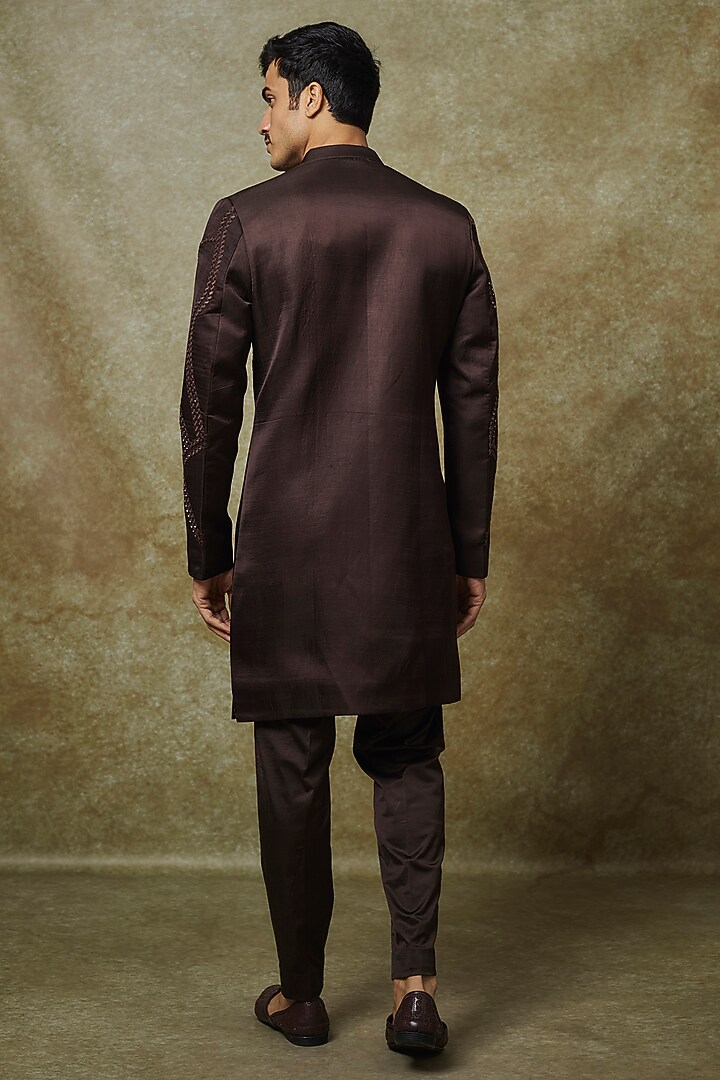 Brown Linen Satin Mirror Embroidered Wedding Indowestern Set by YAJY By Aditya Jain at Pernia's Pop Up Shop