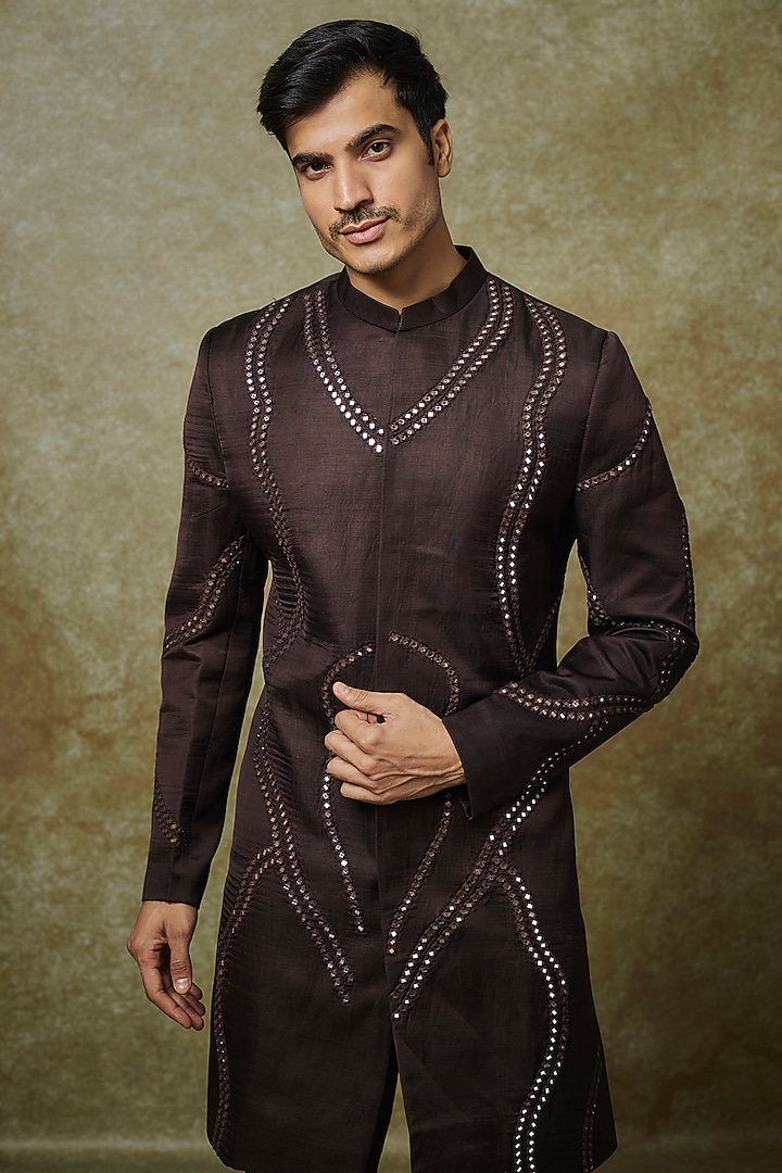 Brown Linen Satin Mirror Embroidered Wedding Indowestern Set by YAJY By Aditya Jain at Pernia's Pop Up Shop
