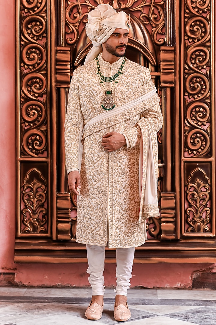 Ivory Silk Dori Embroidered Groom Sherwani Set by YAJY By Aditya Jain at Pernia's Pop Up Shop