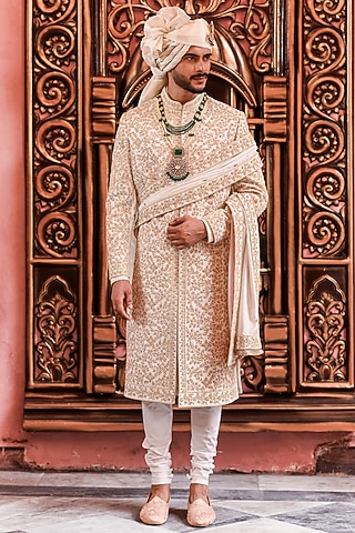 Ivory Silk Dori Embroidered Sherwani Set by YAJY By Aditya Jain