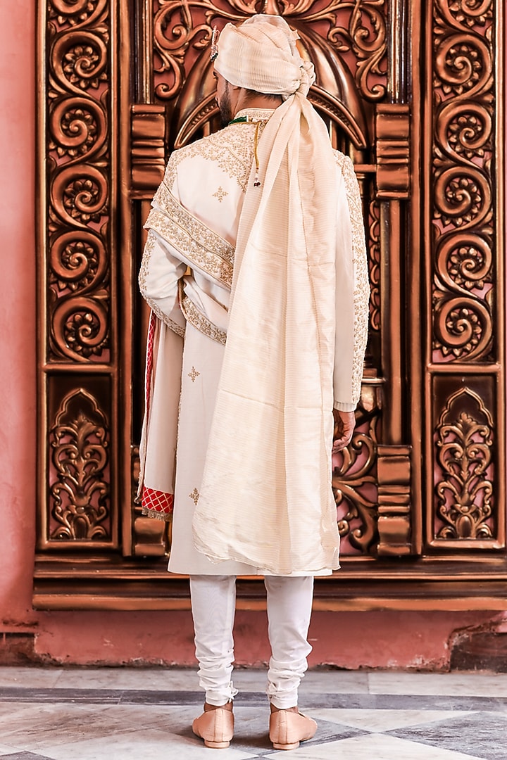 Ivory Silk Dori Embroidered Groom Sherwani Set by YAJY By Aditya Jain at Pernia's Pop Up Shop