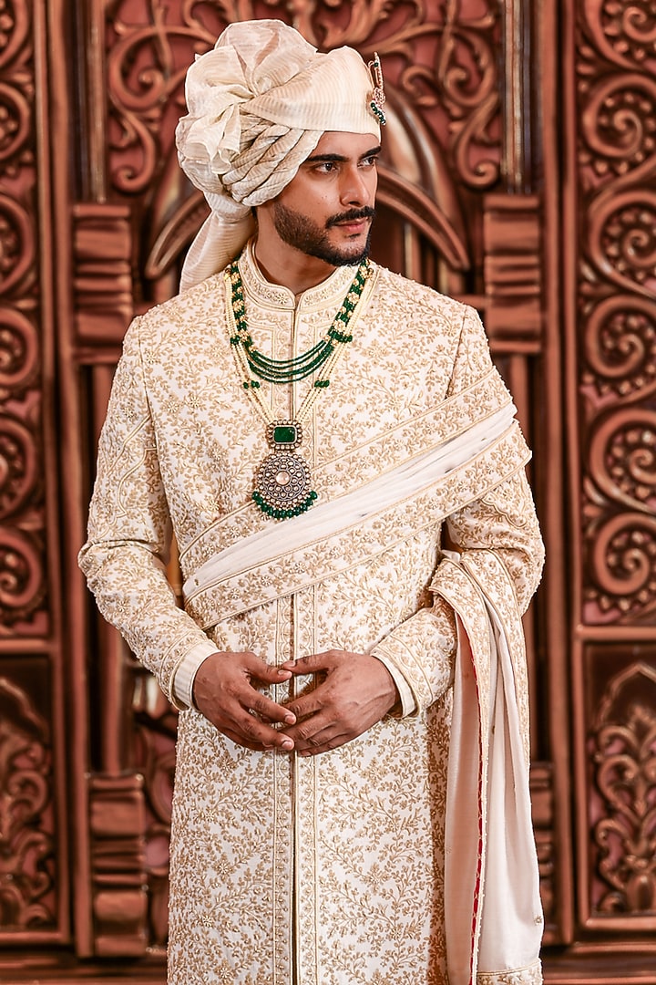 Ivory Silk Dori Embroidered Groom Sherwani Set by YAJY By Aditya Jain at Pernia's Pop Up Shop
