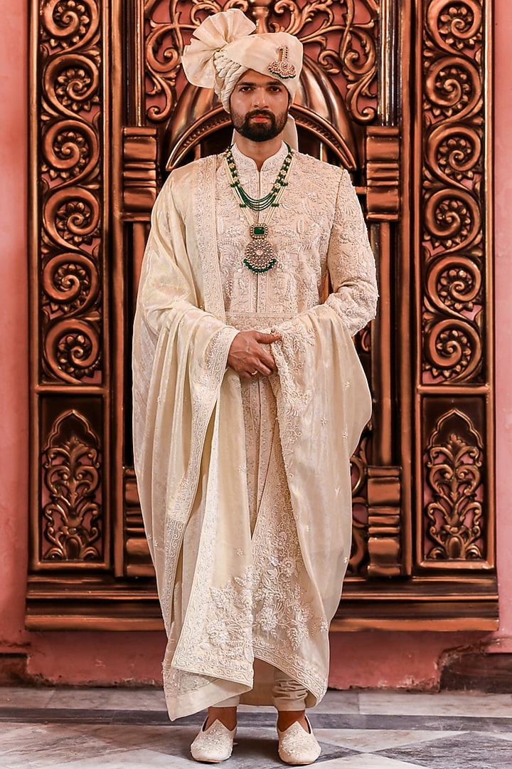 Ivory Silk Dori Embroidered Groom Sherwani Set by YAJY By Aditya Jain at Pernia's Pop Up Shop