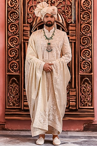 Ivory Silk Dori Embroidered Sherwani Set by YAJY By Aditya Jain