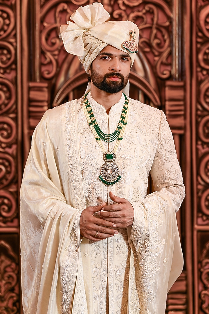 Ivory Silk Dori Embroidered Groom Sherwani Set by YAJY By Aditya Jain at Pernia's Pop Up Shop